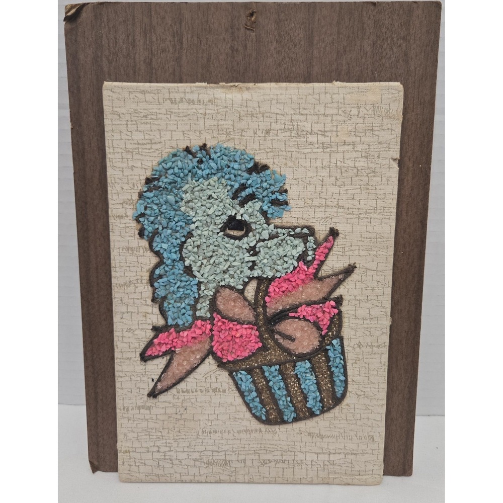 Vintage Mid Century Modern Gravel Art Poodle in Basket Pebble Mosaic Wall Plaque
